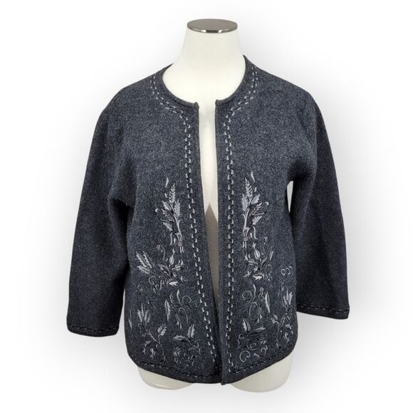 Linea Wool Charcoal Gray Embroidered Cardigan Sweater Jacket Plus Size 1X - Picture 3 of 12